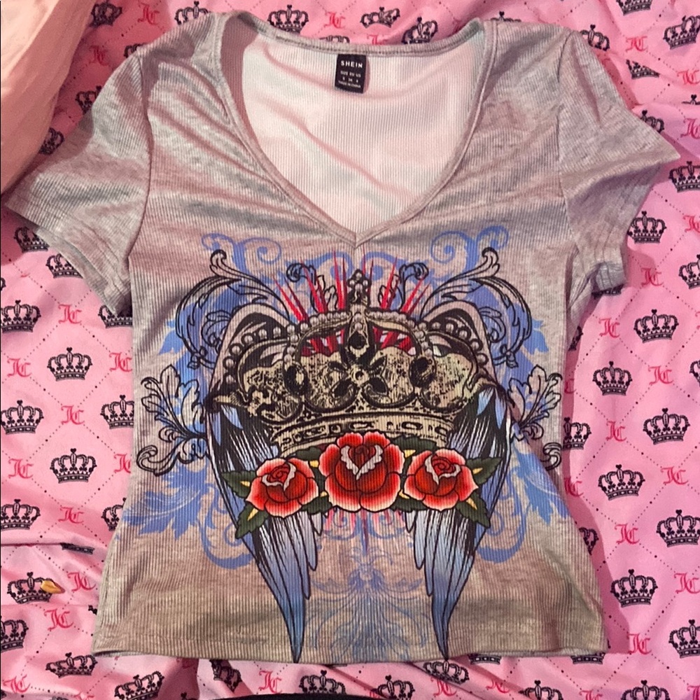 Gray Graphic V-Neck Top